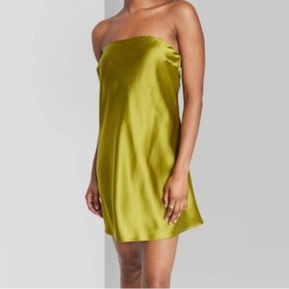 Wild Fable Women's Satin Tube Bandeau Mini Strapless Slip Dress, Green, M - Picture 1 of 5